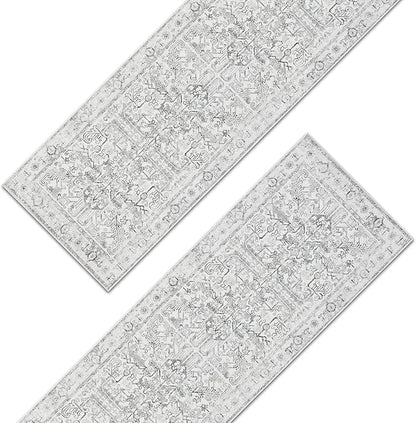 jinchan Kitchen Runner Rug 2x8-2pcs, Bohemian Hallway Washable Rug Floral Non Slip with Rubber Backing Vintage Carpet Runner for Bedroom Bathroom Laundry Room Living Room Decor Grey