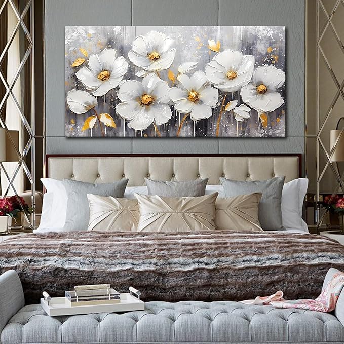 CIRABKY White Canvas Wall-Art - Flower Pictures Wall Decor - Large Wall Art for Living Room Ready to Hang Size 29" x 59"