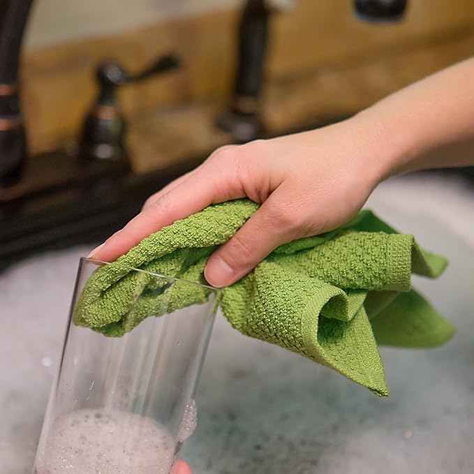 Sticky Toffee Cotton Dishcloths Set of 8 – Green and White Dish Towels 12x12 in, Reusable and Absorbent Tea Towels for Cleaning or Drying, Oeko-Tex Cotton