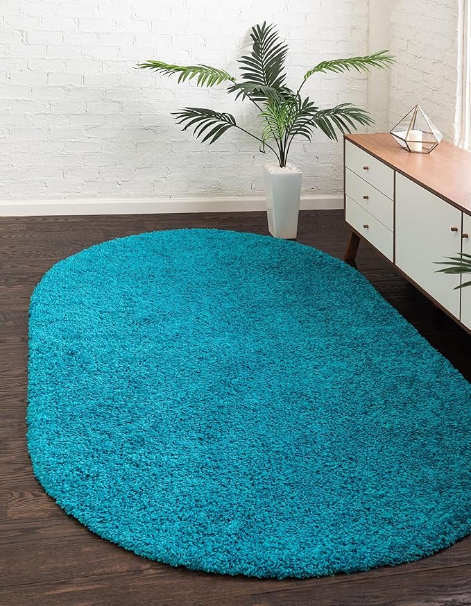 Unique Loom Solid Shag Collection Area Rug (5' 1" x 8' Oval, Turquoise)