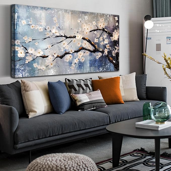 Plum Blossom Tree Wall Art - Blue Wall Decor - Asian Wall Art for Living Room Large Size Bedroom Office Pictures Size 29" x 59"