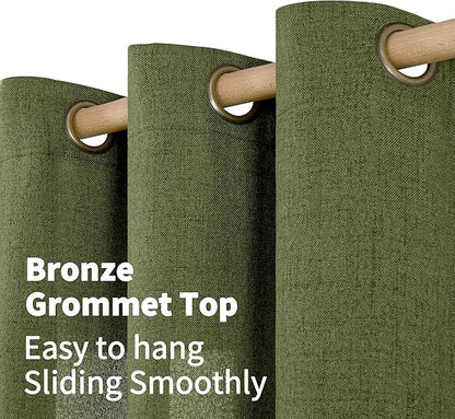YoungsTex Olive Linen Curtains 72 Inch Length 2 Panels for Living Room, Dark Green Semi Sheer Drapes with Bronze Grommet Window Treatments Light Filtering for Bedroom Dining, 52 X 72 Inch