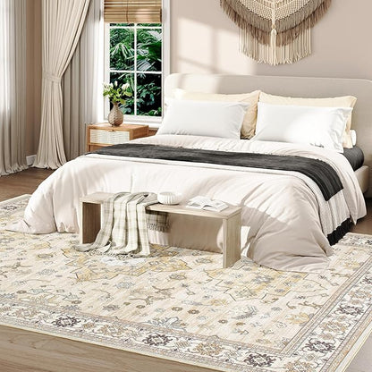 Large Rugs for Living Room, 8x10 Beige Washable Rug for Bedroom, Soft Boho Indoor Carpets, Big Modern Kids Room Rug, Non-Slip Low Pile Mat for Office Home Dining Room Christmas Decor,Beige/Gold