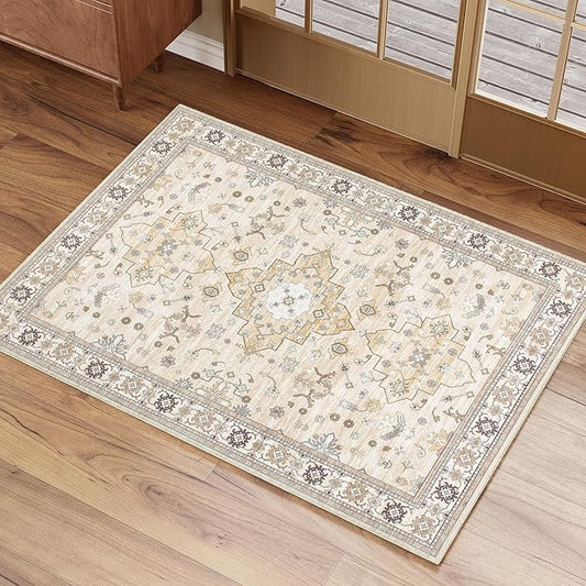 2x3 Entryway Rug, Beige Small Boho Washable Rug, Soft Modern Non-Slip Area Rug, Low Pile Carpet for Entryway Kitchen Bathroom Front Doormat Indoor Entrance Throw Rugs, Beige/Gold