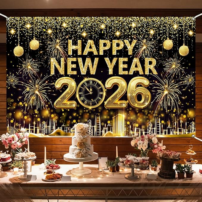 Gold 2026 Happy New Year Banner Backdrop 5.9×3.6 Ft Gold Glitter 2026 Backdrop with Clock Fireworks Sparkling Happy New Year Decorations Banner Family Party Photo Booth (Polyester) Retyshia