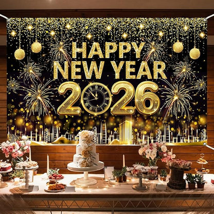 Gold 2026 Happy New Year Banner Backdrop 5.9×3.6 Ft Gold Glitter 2026 Backdrop with Clock Fireworks Sparkling Happy New Year Decorations Banner Family Party Photo Booth (Polyester) Retyshia
