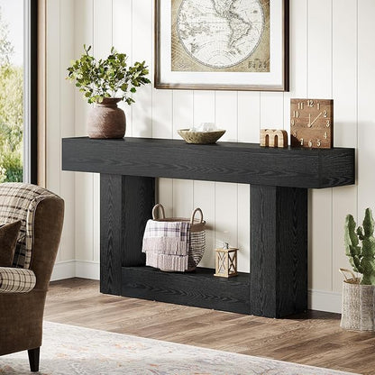 Tribesigns 63" Console Table, Farmhouse 2-Tier Entryway Table with U-Shaped Base, Narrow Long Wood Sofa Table Behind Couch Table for Living Room, Hallway, Foyer, Black