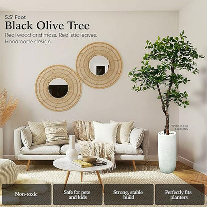 Cypress & Alabaster Handmade 5ft 3-Tier Black Olive Leaf Artificial Tree with Ethically Sourced Real Wood Trunks, Hypoallergenic, 5-Foot, Green