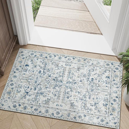 jinchan 2x3 Washable Rug for Entryway - Vintage Floral Ultra-Thin Low Pile Soft Small Non Slip Distressed Indoor Door mat Accent Area Rug for Entrance Kitchen Bathroom Bedroom (2x3ft,Blue)