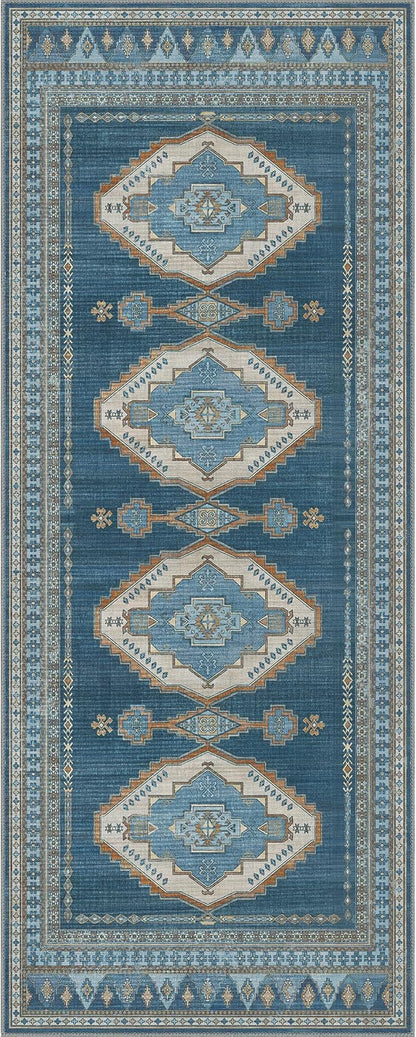 GENIMO 2x5 Washable Runner Rug for Hallway, Vintage Non Slip Low Pile Carpet, Soft Lightweight Printed Rug for Entryway, Kitchen, Corridor & Home Office, Navy/Brick