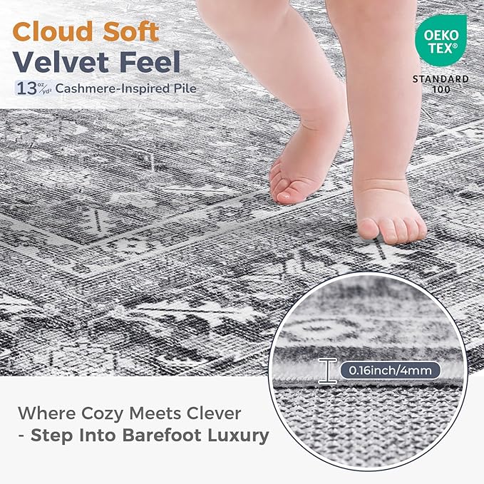OPPODREAM Thin Vintage Grey 3x6 Runner Rug, 3 x 6 Retro Washable Rug Non Slip, Low-Pile Faux Wool Carpet, Distressed Gray Floor Mat for Kitchen, Hallway, Entry-Way, Entrance, Indoor Back Door
