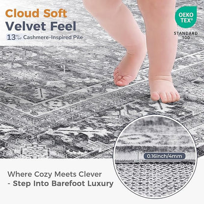 OPPODREAM Thin Vintage Grey 3x6 Runner Rug, 3 x 6 Retro Washable Rug Non Slip, Low-Pile Faux Wool Carpet, Distressed Gray Floor Mat for Kitchen, Hallway, Entry-Way, Entrance, Indoor Back Door