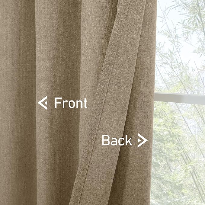 LAMIT Natural Linen Thermal Curtains for Living Room, Grommet Thick Light Reducing Curtains Window Burlap Light Filtering Panels for Bedroom/Farmhouse, Set of 2 Panels, W52 x L72, Tan Brown