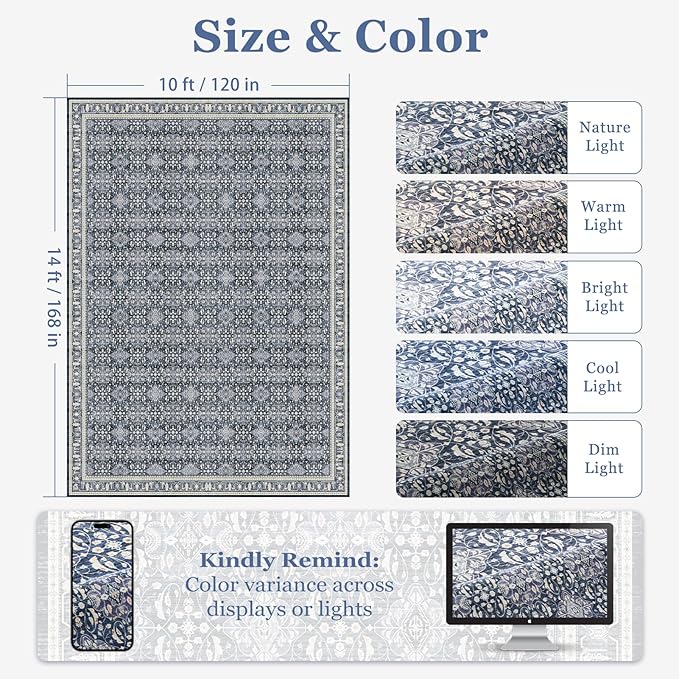 Large Rugs for Living Room 10x14, Transitional Moroccan Floral Trellis Big Area Rug for Bedroom Dining Room, Washable Non Slip Low Pile Thin Room Rug for Dining Room Family Room, Dark Blue