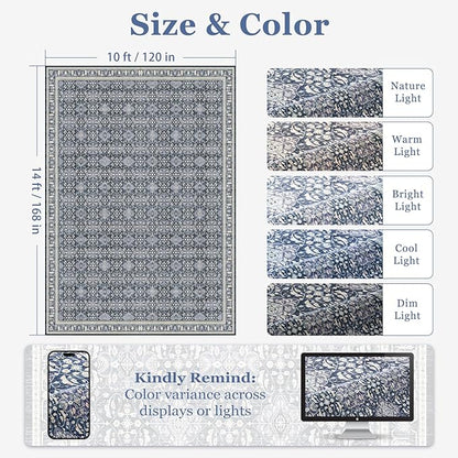 Large Rugs for Living Room 10x14, Transitional Moroccan Floral Trellis Big Area Rug for Bedroom Dining Room, Washable Non Slip Low Pile Thin Room Rug for Dining Room Family Room, Dark Blue
