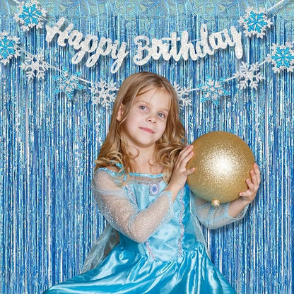 BRAVESHINE Light Blue Tinsel Foil Fringe Curtains - 2Pcs 3.2x8.2 ft Metallic Holiday Streamers Backdrop for Christmas/Winter’s Snowflake/Frozen/Birthdays/Mermaid/Bachelorette/Engagement Party Decor