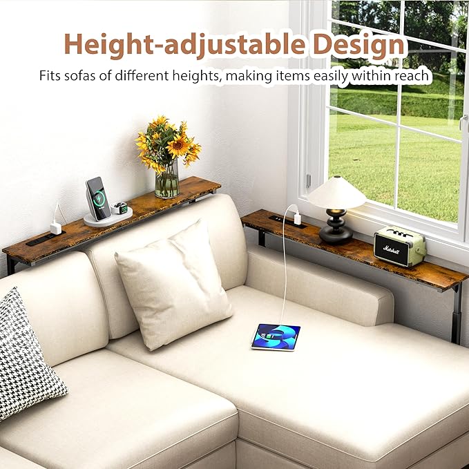 GRLEAF 2 Pack Adjustable Height Narrow Console Table with Power Outlets, 90" Long Sofa Table with Charging Station Behind Couch Table Entryway Table for Living Room and Hallway – Rustic Brown