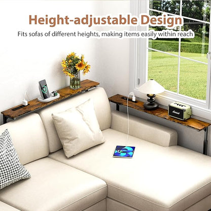 GRLEAF 2 Pack Adjustable Height Narrow Console Table with Power Outlets, 78.7" Long Sofa Table with Charging Station Behind Couch Table Entryway Table for Living Room and Hallway – Rustic Brown