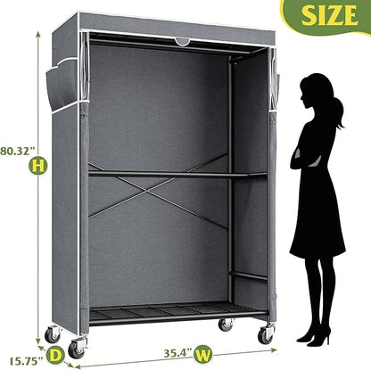 Raybee 80.32" H Clothes Rack with Cover,Rolling Clothing Racks for Hanging Clothes with Wheels,Heavy Duty Portable Garment Rack 35.4" Wx15.75 Dx80.32 H,Black