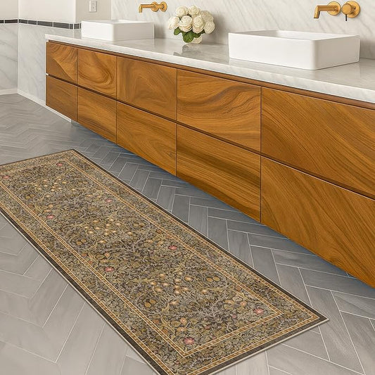Non Slip 2x5 Gold Brown Bathroom Runner Rug - Small Runner Rugs, Washable Kitchen Floor Mat, Bedroom, Laundry Room, Hallway Runner - Vintage Oriental Décor
