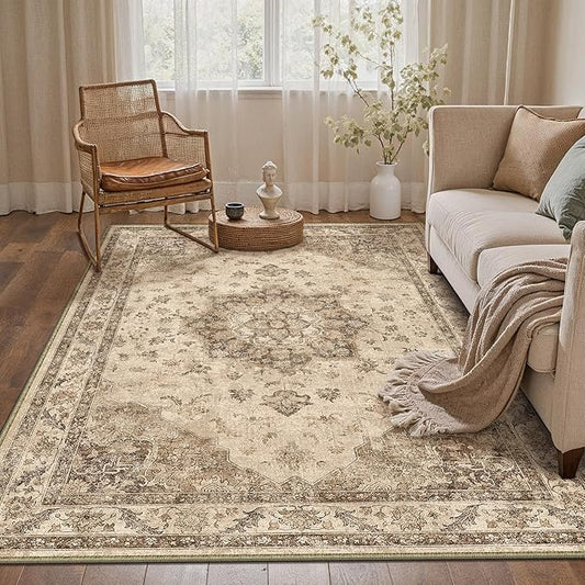 Brown Area Rug 4x6 Washable Vintage Carpet for Office Living Room Soft Retro Low Pile Thin Indoor Rug Non Slip Oriental Medallion Floor Cover for Bedroom Kitchen Dining Room
