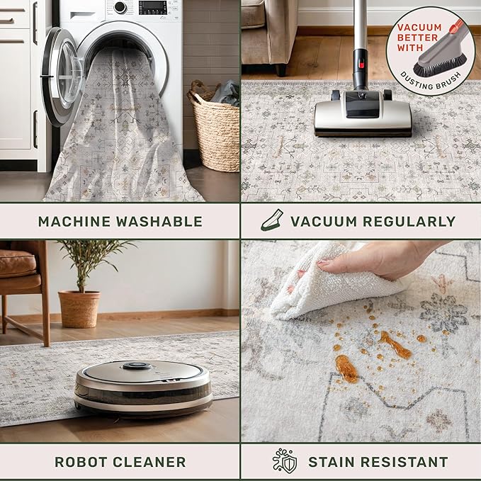 Washable 2x3 Throw Rugs for Entryway, Front Door Mat, Low Pile Non-Slip Small Area Rugs for Kitchen, Bathroom, Powder Room, Mudroom, Neutral Light Grey with Floral Accent