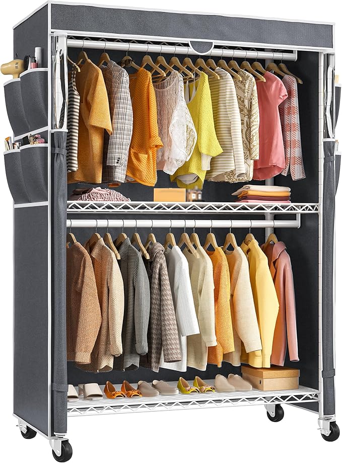 Raybee Heavy Duty Clothes Rack with Cover, 81" H Clothing Racks for Hanging Clothes, Portable Closet with Wheels and Adjustable Feet, Max Load 440LBS, White