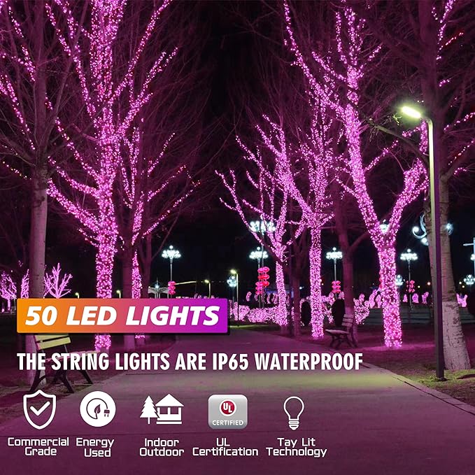25ft 50 Counts Pink LED Christmas Lights - Commercial Grade Pink Christmas Decoration Outdoor Waterproof,LED Lights 5mm Wide Angle Green Wire, Xmas Tree Light, IP65, UL