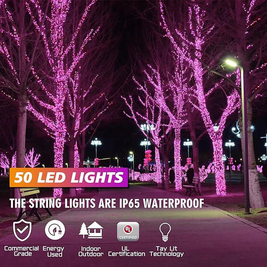 25ft 50 Counts Pink LED Christmas Lights - Commercial Grade Pink Christmas Decoration Outdoor Waterproof,LED Lights 5mm Wide Angle Green Wire, Xmas Tree Light, IP65, UL