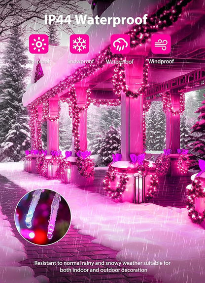 Minetom Christmas Lights - Outdoor Cluster Lights, 200 LED, 10 Ft, 12 Modes Timer, Waterproof, Pink & White