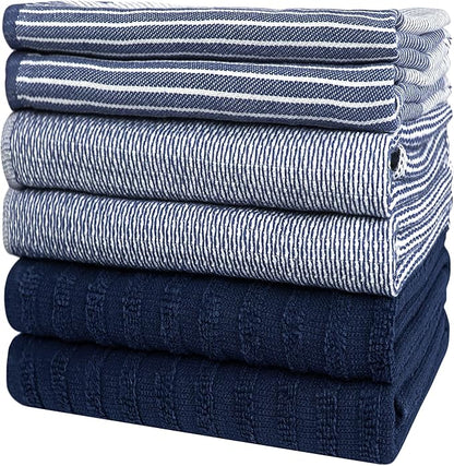 Premium Kitchen Towels (20”x 28”, 6 Pack) | Large Cotton Dish Towels | Flat & Terry Highly Absorbent Kitchen Linen Set with Hanging Loop | Navy Blue