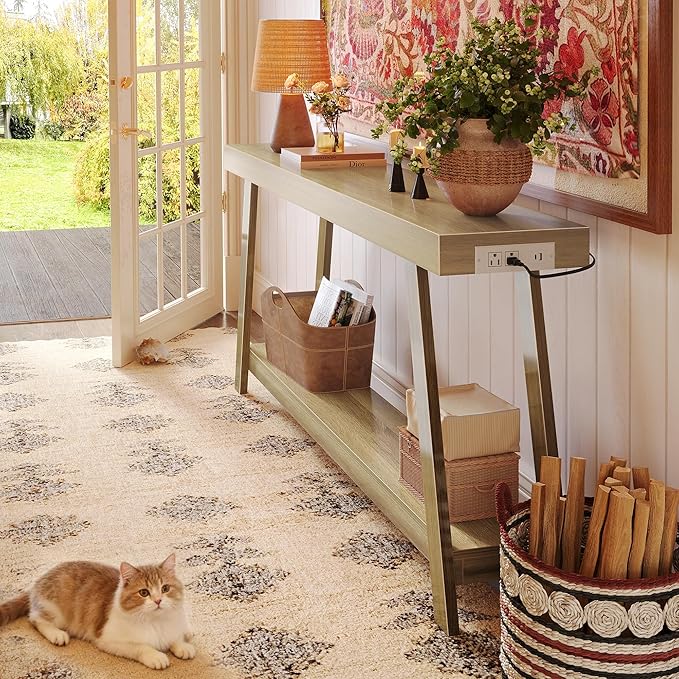 Huuger Console Table with Charging Station, USB-C Port, 2 Tiers Entryway Table, 53.9 Inch Sofa Table with Metal Legs, Entry Hallway Table with Thicker Desktop, Modern Behind Couch Table, Natural