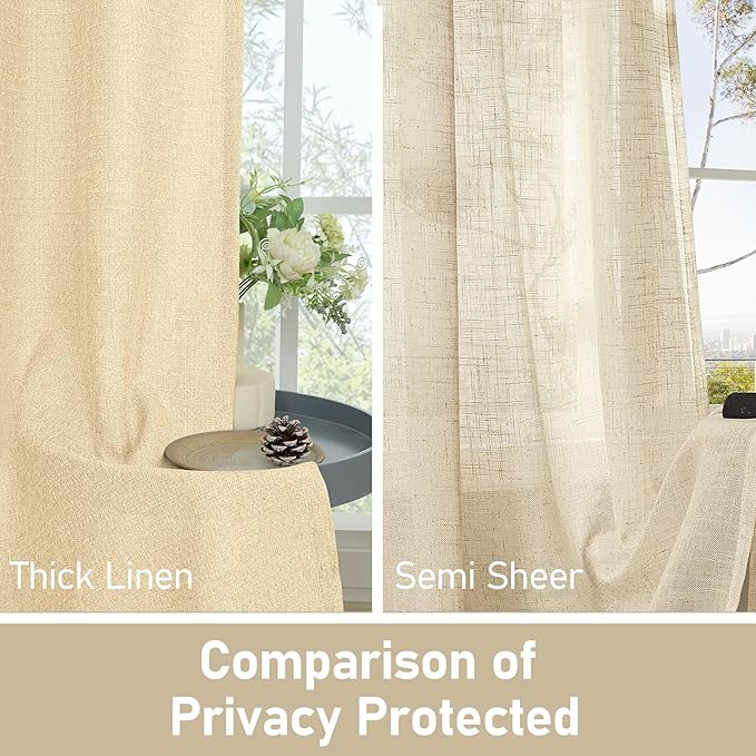 LAMIT Sand Linen Curtains for Bedroom 63 Inch Length, No See Through Grommet Privacy Window Drapes for Living Room Light Filtering Thick Curtain for Farmhouse, 2 Panels, 52 x 63 Inch