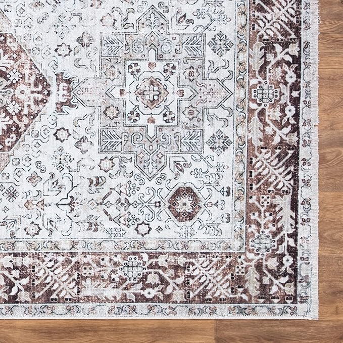 Bloom Rugs Caria Washable Non-Slip 5x7 Rug - Beige/Brown Traditional Area Rug for Living Room, Bedroom, Dining Room, and Kitchen - Exact Size: 5' x 7'