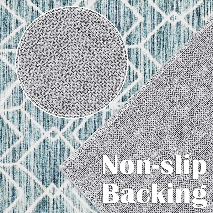 jinchan Moroccan Runner Rug 3x7 - Kitchen Machine Washable Runner Rug Modern Geometric Low-Pile Lightweight Non-Slip Carpet for Entryway Hallway Laundry Room Bedroom Bedside (3x7ft, Teal Blue)
