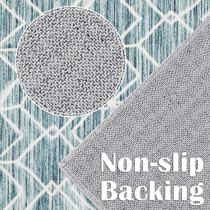 jinchan Moroccan Runner Rug 2x8 - Kitchen Machine Washable Runner Rug Modern Geometric Low-Pile Lightweight Non-Slip Carpet for Entryway Hallway Laundry Room Bedroom Bedside (2x8ft, Teal Blue)