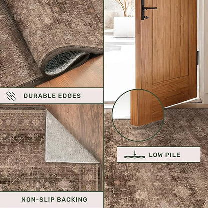 Brown 2x5 Entryway Runner Rugs, Small Runners for Kitchen, Door Mat Indoor Entrance, Bathroom, Non-Slip Low-Pile Washable Stain Resistant, Vintage Taupe Earthy Decor
