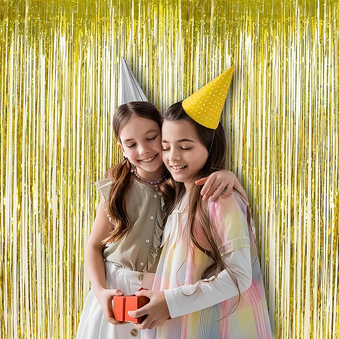 Gold Fringe Backdrop Curtain, Metallic Tinsel Foil Fringe Curtains for Birthdays Engagement Graduated Christmas New Years Party Decorations - 2 Pack 3.2×8.2ft