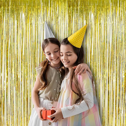 Gold Fringe Backdrop Curtain, Metallic Tinsel Foil Fringe Curtains for Birthdays Engagement Graduated Christmas New Years Party Decorations - 2 Pack 3.2×8.2ft
