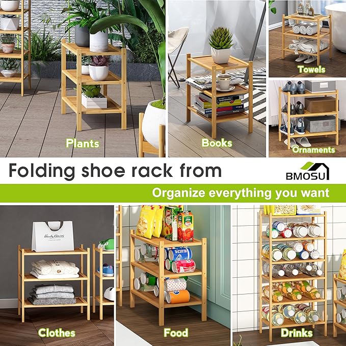 BMOSU 3-Tier Bamboo Small Shoe Rack Premium Stackable Shoe Shelf Storage Organizer for Hallway Closet Living Room Entryway Organizer(Natural)