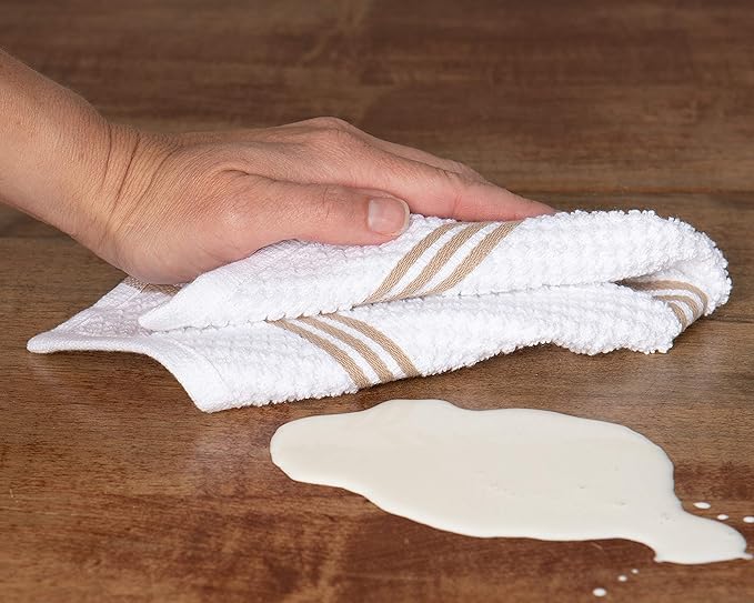 Sticky Toffee Cotton Dishcloths Set of 8 – 12x12 in Tan and White Tea Towels, Reusable and Absorbent Dish Cloths for Cleaning or Drying, Oeko-Tex Cotton