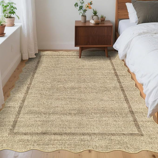 GarveeHome Scalloped Area Rug 4x6 - Washable Boho Bordered Non-Slip Entryway Rug, Neutral Farmhouse Living Room Rug Soft Throw Rugs for Entrance Hallway Bedroom Kitchen Nursery, Beige