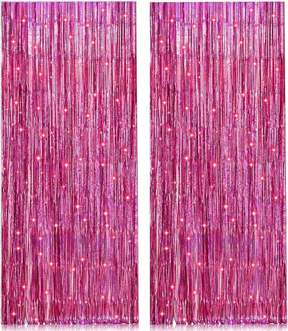 2 Pack 3.2ft x 8.2ft Pink Metallic Tinsel Foil Fringe Curtains Backdrop for Pink Party Birthday Wedding Bachelorette Baby Shower Holiday Party Decorations Photo Booth Props