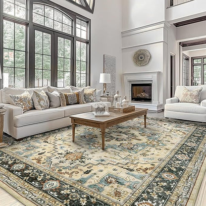 Area Rugs for Living Room 10x14 - Extra Large Machine Washable Vintage Oriental Soft Rug, Low Pile Thin Carpet with Non Slip Backing for Bedroom, Dorm, Dining Room, Indoor House, Office