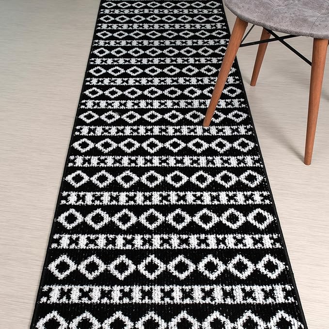 40 Ft Extra Long Non-Slip Black-White Hallway Kitchen Runner Rug, 2'7" X 40' Washable Carpet - Rubber Backed, Custom Cut Floor Mat for Entryway Stairs Bedroom Bathroom Mudroom