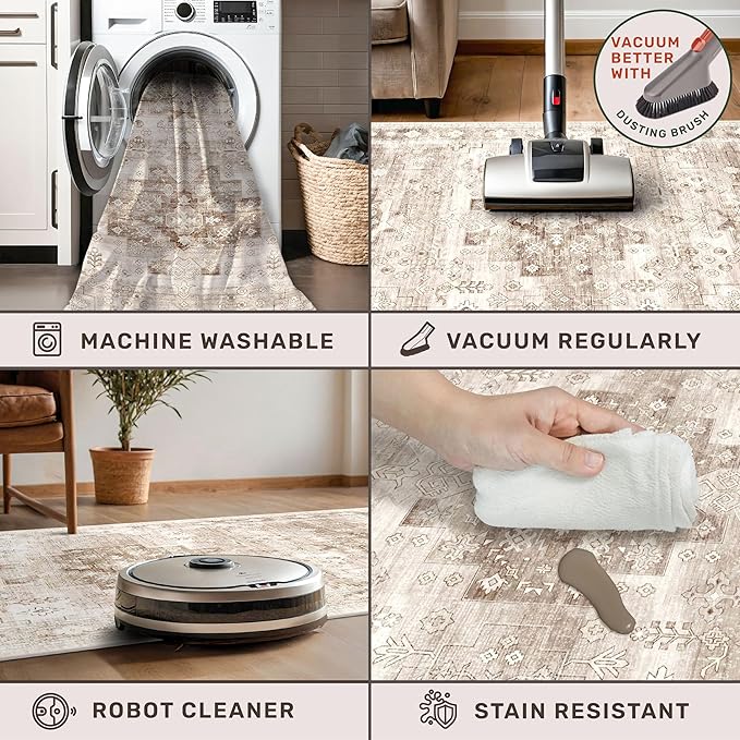 Non Slip Hallway Runner Rug - 2 x 10 Runner Rug, Washable & Waterproof Kitchen Floor Mat - Extra Long Neutral Farmhouse Boho Design Décor (2x10 Beige/Latte)