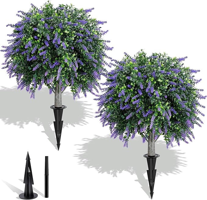 Artificial Lavender Boxwood Topiary Ball Trees Set of 2, UV Resistant Artificial Shrub Bushes with Ground Spike, Fake Evergreen Artificial Plant Bushes for Front Porch, Garden, Indoor, Outdoor