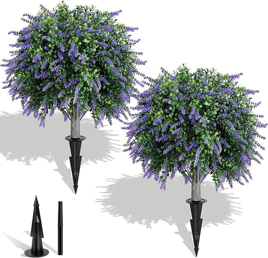 Artificial Lavender Boxwood Topiary Ball Trees Set of 2, UV Resistant Artificial Shrub Bushes with Ground Spike, Fake Evergreen Artificial Plant Bushes for Front Porch, Garden, Indoor, Outdoor
