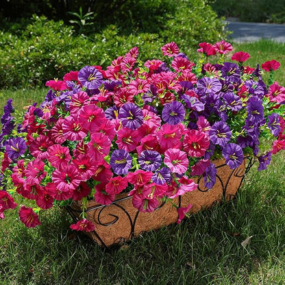 Artificial Flowers for Outdoors Fake Plants Outside Decoration, 12 Bundles Silk Colorful Morning Glory with Eucalyptus UV Resistant Realistic Faux Flowers for Planter Porch Patio Yard Garden