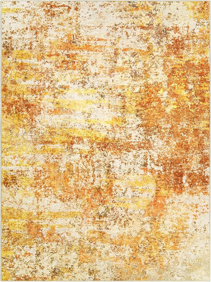 Washable Area Rugs for Living Room - 9x12 Abstract Modern Rug Neutral Soft Rug Stain Resistant Non-Shedding No Slip Low Pile Large Carpet for Bedroom Dining Room Nursery Home Office - Orange/Gold